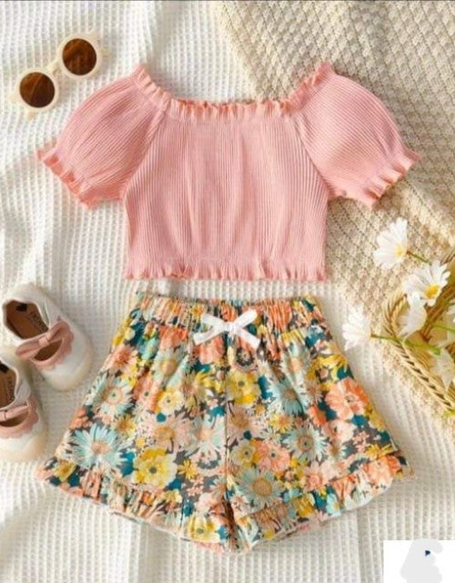 Girls Solid Top and Floral Printed Shorts Set