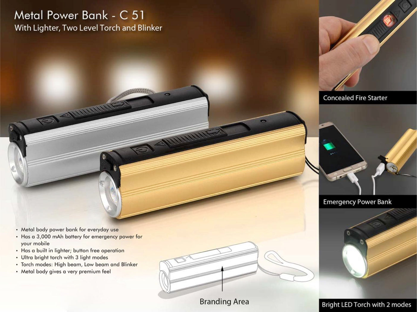 Metal Power bank with Lighter, two level Torch and blinker