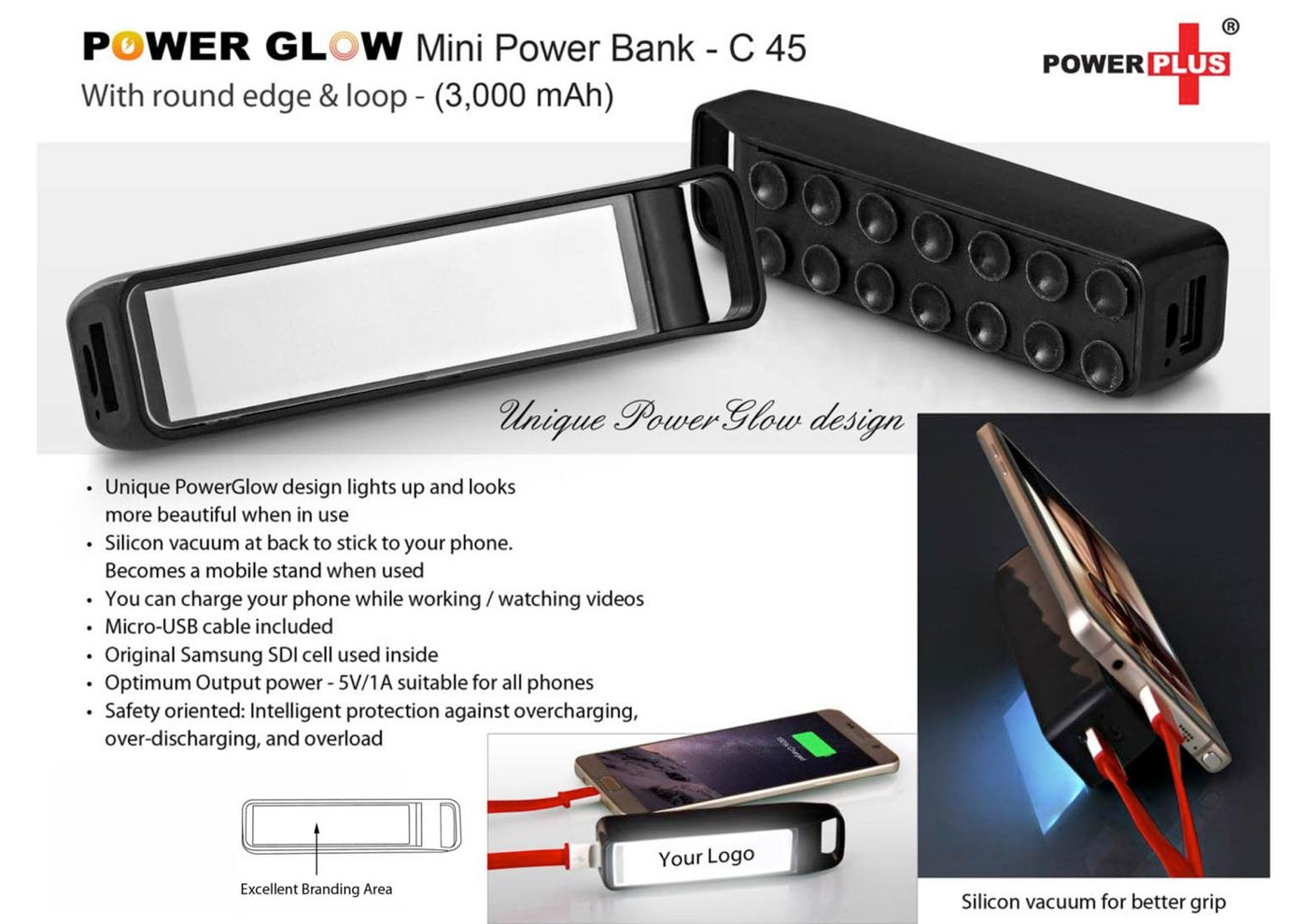 Power Glow Round edge 'Mini' power bank with loop (3,000 mAh)