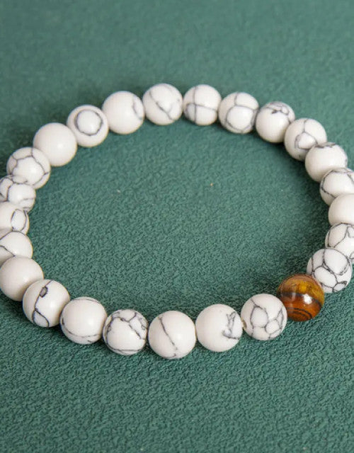 Natural Gemstone Beads Stretch Bracelet, Midnight Stone, White, for Women, Men and Kids