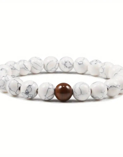 Natural Gemstone Beads Stretch Bracelet, Midnight Stone, White, for Women, Men and Kids