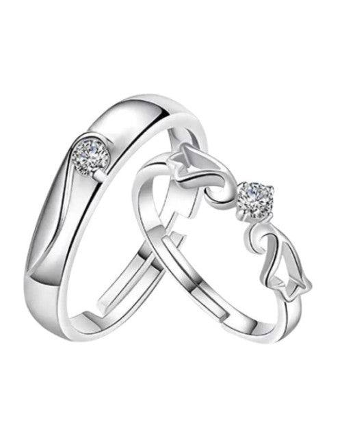 Set Of 2 Silver-Plated -Studded Adjustable Finger Rings