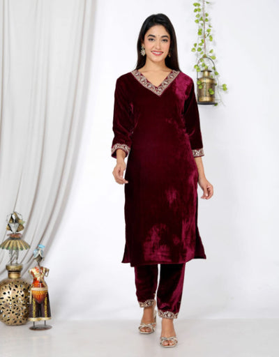 Wine Velvet Embroidered Indowestern Co ord Set Festive Wear