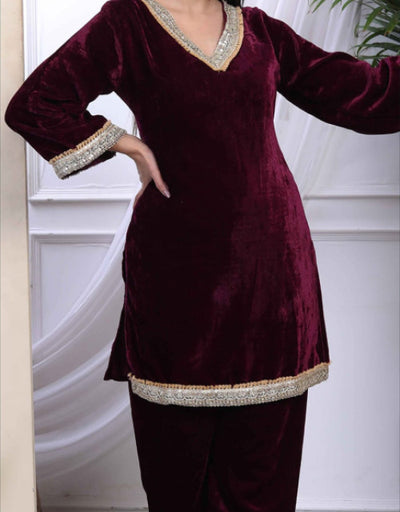 Wine Velvet Embroidered Indowestern Co ord Set Festive Wear