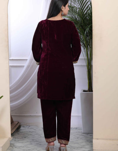 Wine Velvet Embroidered Indowestern Co ord Set Festive Wear