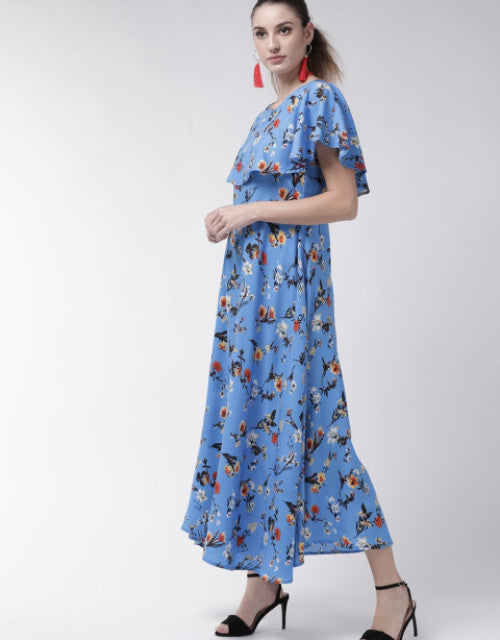 Women Blue Cape Sleeve Maxi Dress