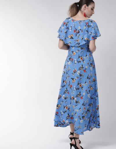 Women Blue Cape Sleeve Maxi Dress