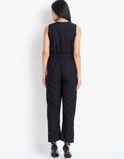 Women Casual Solid Black Sleeveless Full Length Crepe Jumpsuit