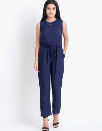 Women Casual Solid Blue Sleeveless Full Length Crepe Jumpsuit