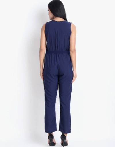 Women Casual Solid Blue Sleeveless Full Length Crepe Jumpsuit