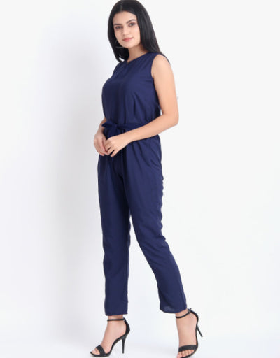 Women Casual Solid Blue Sleeveless Full Length Crepe Jumpsuit