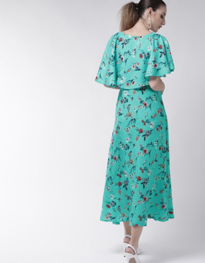 Women Turquoise Cape Sleeve Maxi Dress