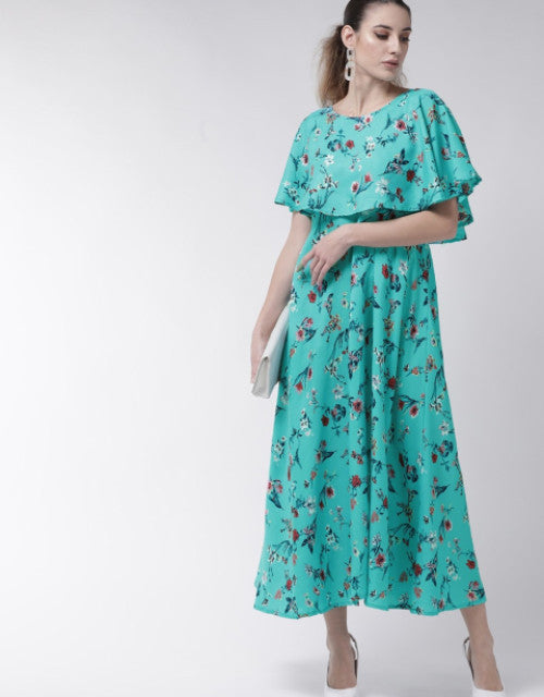 Women Turquoise Cape Sleeve Maxi Dress