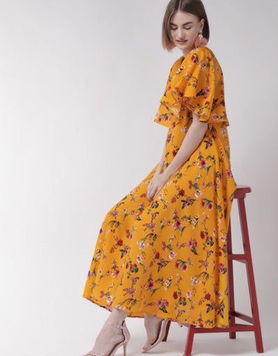 Women Yellow Cape Sleeve Maxi Dress