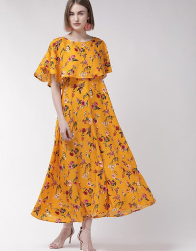 Women Yellow Cape Sleeve Maxi Dress