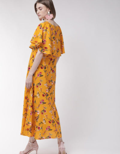 Women Yellow Cape Sleeve Maxi Dress