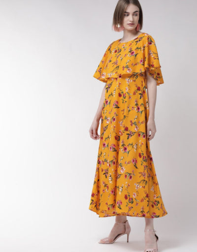 Women Yellow Cape Sleeve Maxi Dress